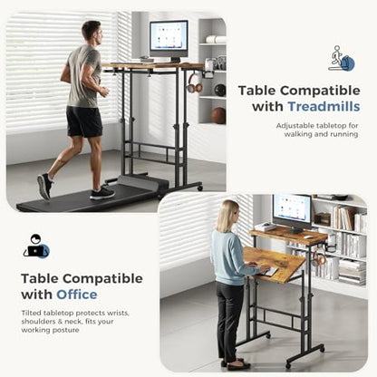 DUMOS Rolling Standing Desk, Sit Stand Desk, Computer Cart | 23.6 Inch Width, Height Adjustable, Split Top, Mobile Laptop Workstation, Office Table, Portable Design, Rustic Brown - color: Brown