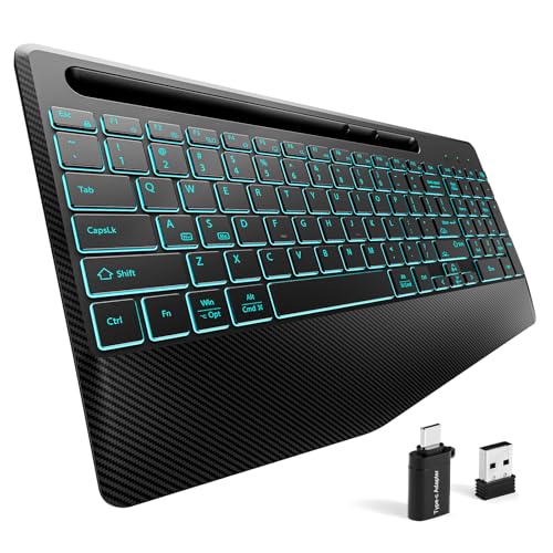 Hamile Wireless Backlit Keyboard with Wrist Rest, Black | 2.4G and Bluetooth keyboard with 8 backlight effects, slim rechargeable silent keys, holder, and Windows/Mac support - color: Black