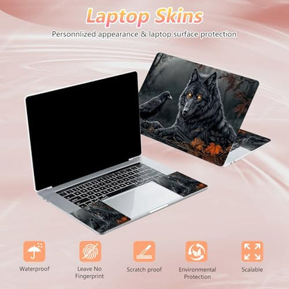 Laptop Skin Sticker Decal 12" 13" 13.3" 14" 15" 15.6",Waterproof Scratch Resistant Vinyl,Reusable Easy to Apply,for MacBook HP Dell Notebooks Netbooks Laptop,2 Wrist Pads,Black Wolf Crow - color: Black Wolf Crow