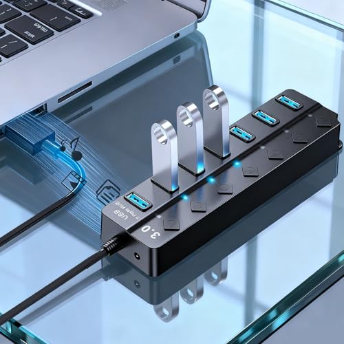 7 Port USB Hub,USB 2.0 Hub Multi Port Splitter with Independent On/Off Switches LED Indicators,USB A Port Data Hub Compatible with MacBook,Lights for Laptop,Computer,PC,Desktop and Flash Drive(Black) - style: USB 2.0