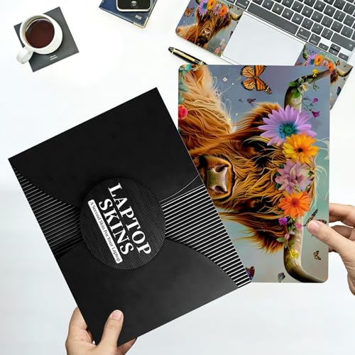 Universal Laptop Skin Sticker with 2 Wrist Pad Decals, 3-Piece Removable Vinyl Laptop Cover, Daisy Highland Cattle Waterproof Anti-Scratch, Easy-Trim Fit for 13.3" 14" 15.6" Laptops - color: Daisy Highland Cattle