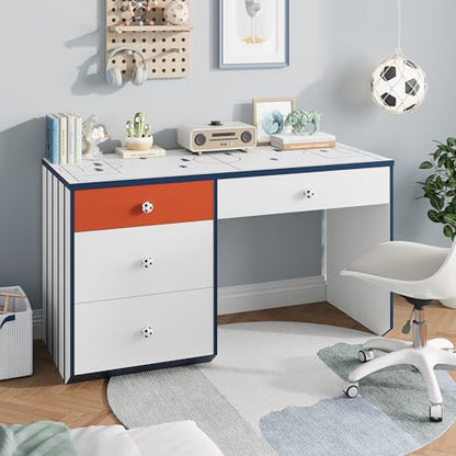 Modern Small Desk with 4 Drawers, 47 Inch Computer Desk with Storage & Soccer Shaped Handle, Wooden Student Study Writing Table for Bedroom, Small Space, White/Blue