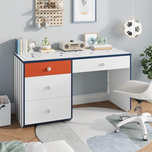 Modern Small Desk with 4 Drawers, 47 Inch Computer Desk with Storage & Soccer Shaped Handle, Wooden Student Study Writing Table for Bedroom, Small Space, White/Blue