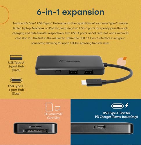 Transcend HUB 6 in 1 Hub, Type C, with 60W Power Delivery, 10Gbps USB C and 2 Type-A Ports, Micro SD and SD UHS-II Card Reader, for MacBook Pro, Labtop - TS-HUB5C - style: Type-C (6-in-1 HUB, with 60W PD)
