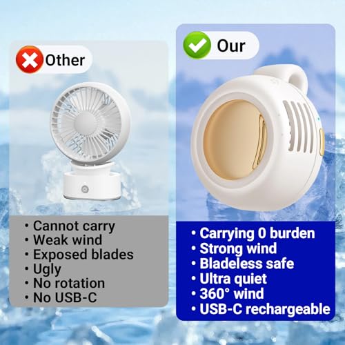 jintion Handheld Fan Portable Neck Waist Personal Mini Clip on Hand Fans Rechargeable Wearable for Shirt Belt That Deliver Refreshing Cool Breeze Under Held Cooling Wind Small 360° Rotatable - color: White