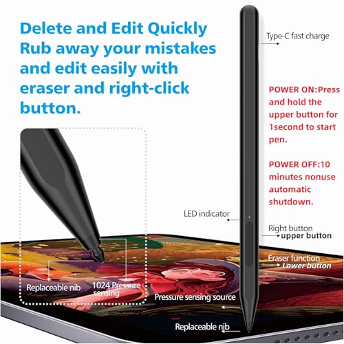 Stylus Pen for Microsoft Surface Pro11/10/9/8/X/7+/6/5/4, Surface Go 4/3/2/1, Surface Laptop1-5/Studio/Book 3/2/1 with Eraser Side Button,Palm Rejection,Tilt Function,1024 Pressure - color: Black