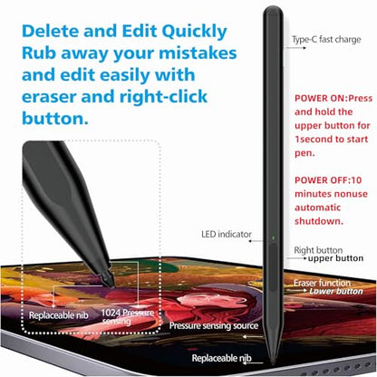 Stylus Pen for Microsoft Surface Pro11/10/9/8/X/7+/6/5/4, Surface Go 4/3/2/1, Surface Laptop1-5/Studio/Book 3/2/1 with Eraser Side Button,Palm Rejection,Tilt Function,1024 Pressure - color: Black