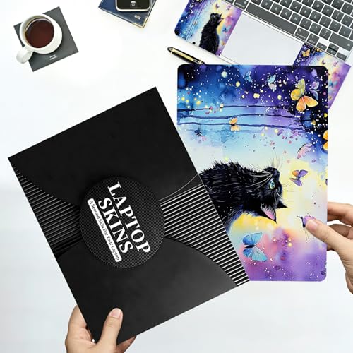 Universal Laptop Skin Sticker with 2 Wrist Pad Decals, 3-Piece Removable Vinyl Laptop Cover, Butterfly Black Cat Waterproof Anti-Scratch, Easy-Trim Fit for 13.3" 14" 15.6" Laptops - color: Butterfly Black Cat