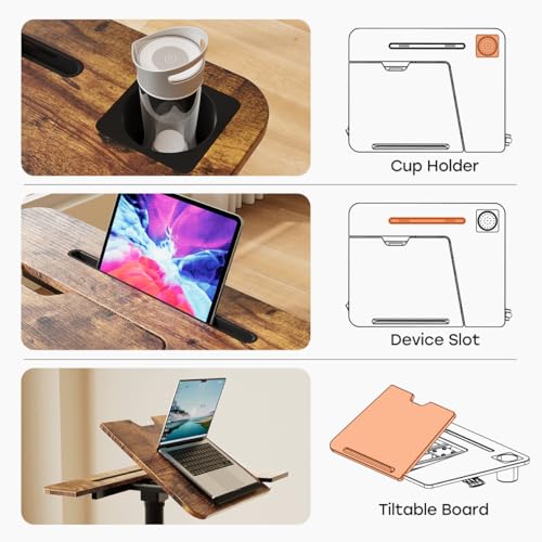 JOY worker Mobile Sit Stand Desk, 60° Tiltable Portable Desk, Rustic Brown | Pneumatic Height Adjustable Cart, Rolling Sit Stand Desk with Wheels & Cup Holder for Office Home School, Holds Up to 22lbs - color: Rustic Brown
