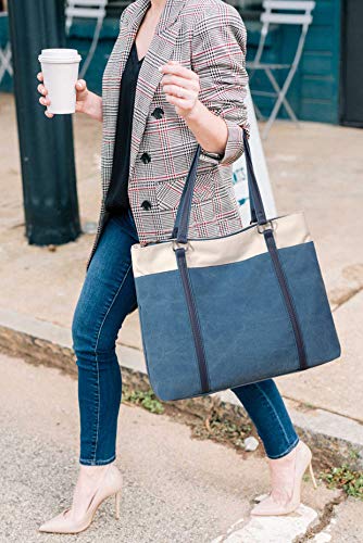 Laptop Tote Bag for Women, 15.6 Inch Work Bag with Laptop Compartment and Zipper, Canvas Computer Tote for Teacher - color: Blue