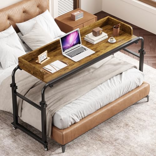 Saifu Overbed Table with Wheels, Red Brown | Adjustable Height & Length, King & Queen Size Beds Bedtable, Rolling Standing Desk, For Working Reading Eating - color: Red Brown