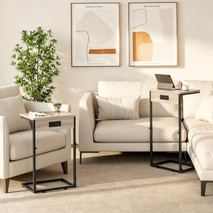 C Shaped End Tables Set of 2 with Charging Station, 33.2'' Tall C Table Adjustable Height Side Table, Small Side Table for Small Spaces, Couch Sofa Table TV Tray for Living Room, Greige - color: Greige (2 Pack), style: With Plug