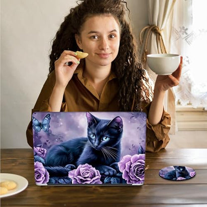 Laptop Skin Sticker Decal 15.6 Inch,12 13 13.3 14 15 15.6 in Laptop Netbook Skins for Notebook,Art Decal Removable Waterproof Scratch Resistant,Universal Vinyl Cover,Black Cat Purple Flower - color: Black Cat Purple Flower