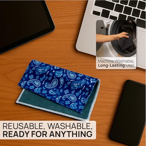 Microfiber Wholesale Quick Cloth Glasses Cleaning Cloths 5x7 Paisley Blue | 2-Pack with Case | Double-Sided Lens Cleaner for Eyeglasses, Camera, Screens | Reusable Microfiber Glass Polishing Cloth - color: Blue Paisley, size: 5"x7"