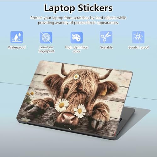 Universal Laptop Skin Sticker with 2 Wrist Pad Skins, Waterproof Scratch Resistant Vinyl Laptop Cover Decal, Cut to Fit for 11–15.6 Inch MacBook HP Dell Lenovo, Daisy Highland Cattle - color: Daisy Highland Cattle