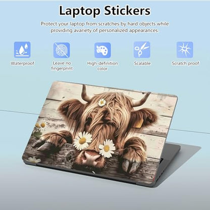 Universal Laptop Skin Sticker with 2 Wrist Pad Skins, Waterproof Scratch Resistant Vinyl Laptop Cover Decal, Cut to Fit for 11–15.6 Inch MacBook HP Dell Lenovo, Daisy Highland Cattle - color: Daisy Highland Cattle