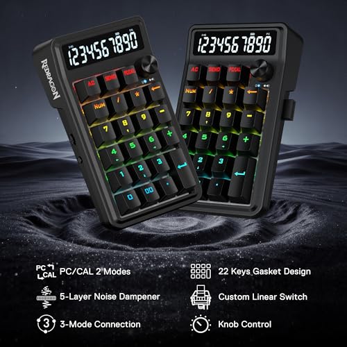 Redragon K733 PRO Wireless Gasket RGB Number Pad, Dual PC & Calculate Modes | 22-Key Mechanical Number Pad, 10-Digit Calculator Display, Knob Control, 5-Layer Noise Dampening, Creamy Custom Linear Switch - color: Black K733 PRO, size: Wireless