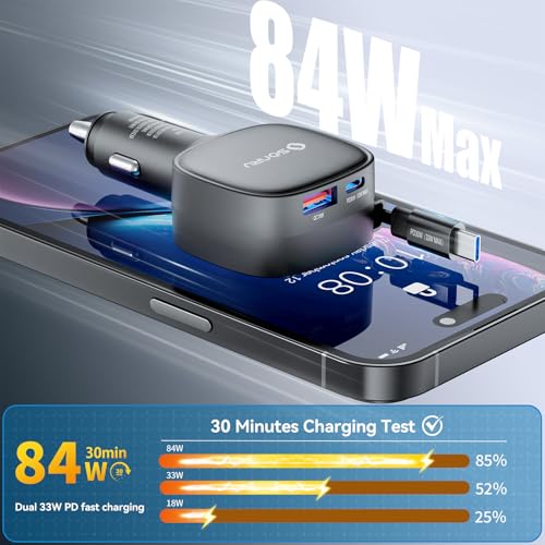 Retractable Fast Car Charger, 84W Max USB C Car Phone Charger Fast Charging, Cigarette Lighter Adapter with Built-in Retractable 31.5 inch Cable for iPhone15/16/17, Samsung, Android