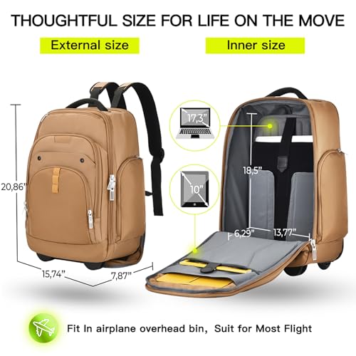 Heliar Rolling Backpack with Wheels | Wheeled Roller Backpack for Business & Travel, Adjustable 13-18 Inch Laptop Backpack with Laptop Compartment & Carry-On Design - color: Brown
