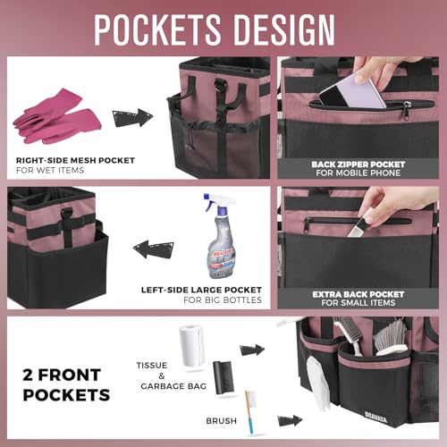 SCAVATA Compact Wearable Cleaning Caddy with Handle & Shoulder Straps | Small Cleaning Supplies Organizer, Under Sink & Car Cleaning Tools Storage Bag for Housekeepers Cleaners, LotusPink - color: LotusPink