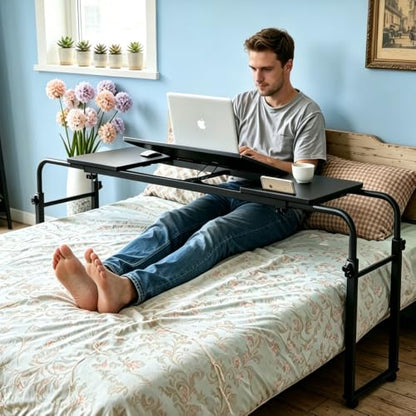 Overbed Bedside Table with Wheels Portable Rolling Laptop Desk Cart Computer Table Over The Bed Table Adjustable Height and Length with Tilt Stand Board for Bed Hospital Home and Office (Black-M) - color: Black-m