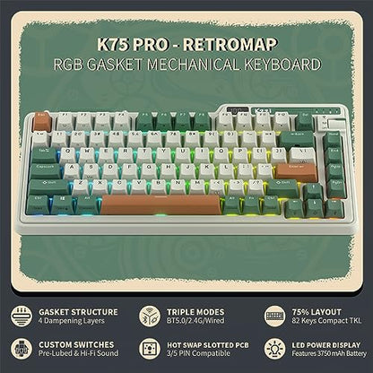 KZZI K75 PRO RGB 75% Wireless Gasket Mechanical Keyboard, Triple Mode BT 5.0/2.4G/USB-C 82 Keys Hot Swappable Gaming Keyboard w/Knob & Power Display, Custom Tactile Switches, Green - color: Time Machine Green, size: Eternity Tactile Switch