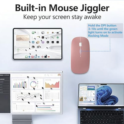 Silent Bluetooth Wireless Mouse with Jiggler, Rechargeable Portable Mouse for MacBook, iPad, Laptop & PC, Dual Mode BT5.2 and 2.4G, USB-C/USB-A Receiver, Adjustable DPI Compact Travel Mouse -Rose Gold - color: Rose Gold