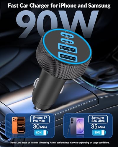 2 Pack Car Charger USB C, 4 in 1 90W Fast Charging 4-Port Car Phone Charger | Dual 45W USB C & USB A, Cargador Carro Lighter Adapter, for iPhone 17 16 15 14 13 12 Pro Max, iPad, Galaxy, Tablet, Android - style: 2 Pack