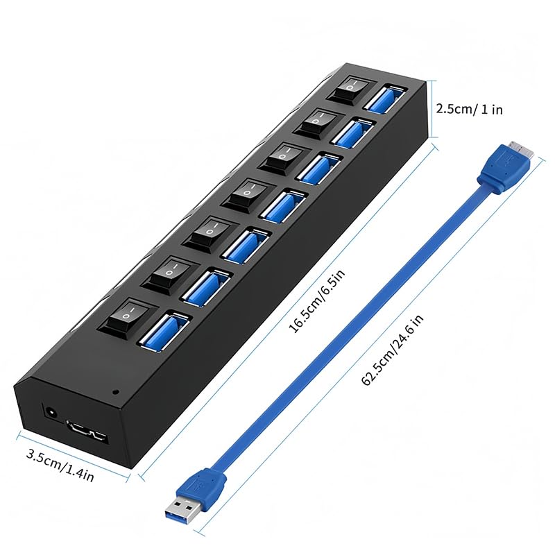 USB 3.0 Hub with Individual On/Off LED Switches, 1 USB 3.0 and 6 USB 2.0 Ports Hub Splitter with 0.52m/20.5'' Cable, Portable USB Adapter USB Extender for Data Transfer and Charging, Black