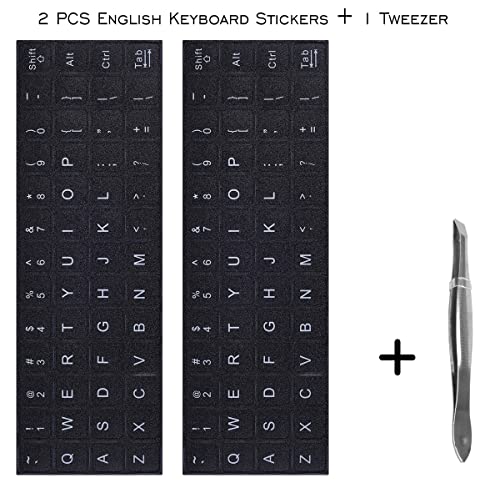 2PCS Universal English Keyboard Stickers Letters with Tweezer, Keyboard Stickers Black Background with White Lettering, Keyboard Letters Replacement Sticker for PC Laptop Desktop Computer -English - color: English-black/White