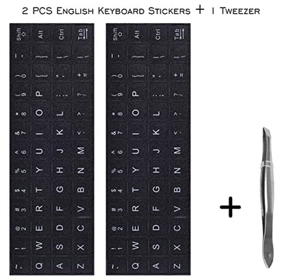 2PCS Universal English Keyboard Stickers Letters with Tweezer, Keyboard Stickers Black Background with White Lettering, Keyboard Letters Replacement Sticker for PC Laptop Desktop Computer -English - color: English-black/White