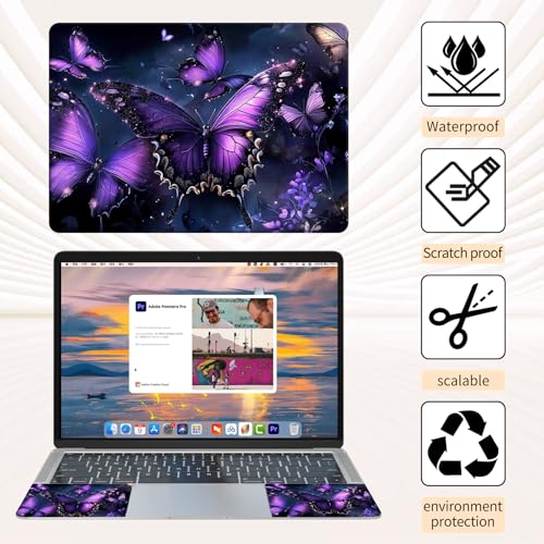 15.6 Inch Laptop Skin Sticker, Reusable Vinyl Cover Protector with 2 Wrist Pad Skins, Removable Waterproof Scratch-Resistant for 12-15.6 Inch Laptop Notebook,Purple Butterfly with Glittering - color: Purple Butterfly With Glittering