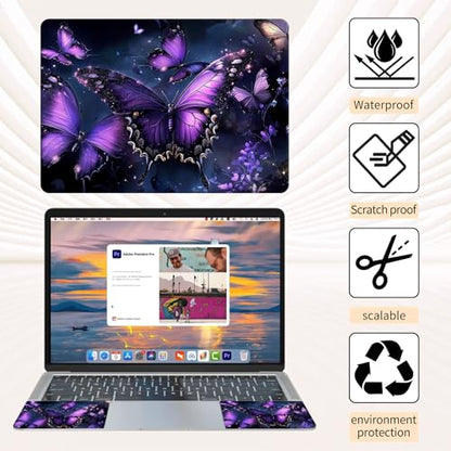 15.6 Inch Laptop Skin Sticker, Reusable Vinyl Cover Protector with 2 Wrist Pad Skins, Removable Waterproof Scratch-Resistant for 12-15.6 Inch Laptop Notebook,Purple Butterfly with Glittering - color: Purple Butterfly With Glittering