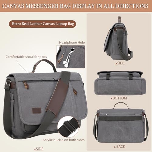 17.3 Inch Messenger Bag for Men: 2PCS Laptop Bag PU Leather Canvas Work Briefcase Large Office - color: Brown Grey