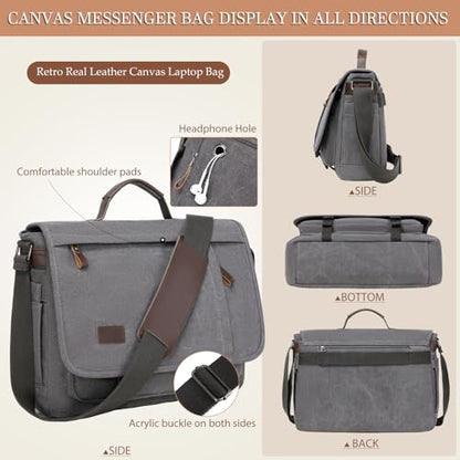 17.3 Inch Messenger Bag for Men: 2PCS Laptop Bag PU Leather Canvas Work Briefcase Large Office - color: Brown Grey