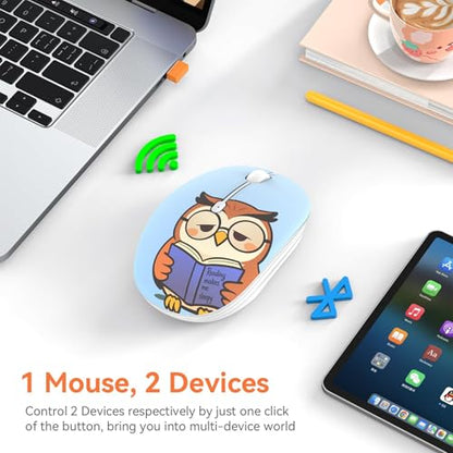 FMOUSE Cute Cartoon Wireless Mouse, 2.4G Bluetooth Dual Mode, AA Battery Powered, Silent Ergonomic Mice for Kids Students Office Workers Laptop PC Mac iPad (Sleepy Book Owl) - color: Sleepy Book Owl