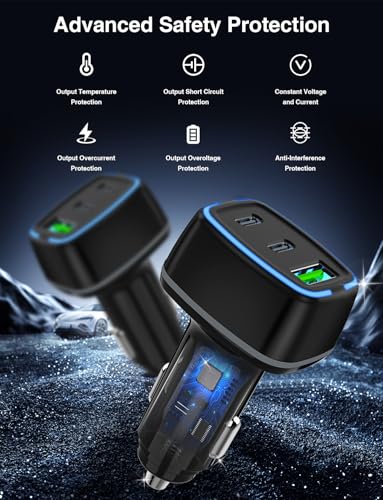75W USB C Car Charger, 3-Port Super Fast Charging Cigarette Lighte | PD/QC 3.0 Car Cigarette Lighter Adapter for iPhone17/16/15 Pro Max & Samsung Galaxy S26/S25, with 4Pack 3/6.6FT Type-C Cables