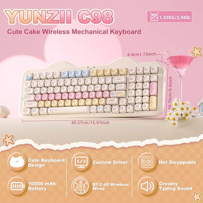 YUNZII C98 Wireless Mechanical Keyboard with Number Pad,99 Key BT5.0/2.4G/USB-C Hot Swap Gasket Mount with PBT MOA Keycaps,Custom RGB,Cute Cake Keyboard for Win/Mac (Beige, Milk V2 Linear Switch) - color: Beige, size: Milk V2 Linear Switch