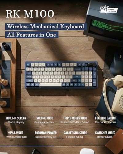 RK ROYAL KLUDGE M100 Wireless Mechanical Keyboard w/Screen & Dual Knobs, Tri-Mode Gasket Mount Gaming Keyboard with Number Pad, Hot Swappable Cream Switch, Blue - color: Blue