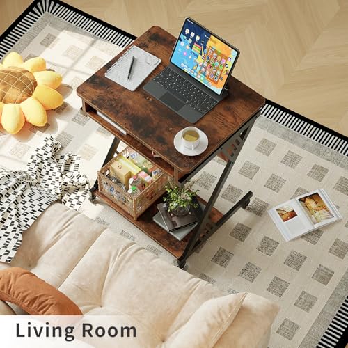 ALISENED Computer Desk for Small Spaces Compact Desk with Keyboard Tray | 23.6" Z-Shaped, with Wheels and Bottom Shelves, for Home Office, Computer Cart Mobile Laptop Cart, Rustic Brown - color: Brown