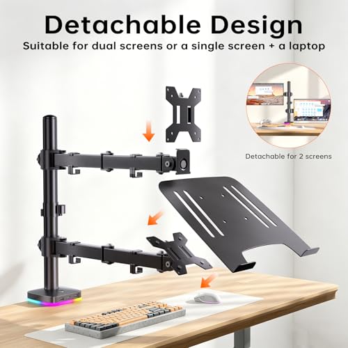 Afaloona RGB Monitor & Laptop Stand with USB Hub, Charging & Data Transfer | Fits 13-32" monitors and 11-17" laptops with a removable tray that converts to a dual monitor mount, up to 18 lb per arm - size: RGB Laptop & Monitor Stand