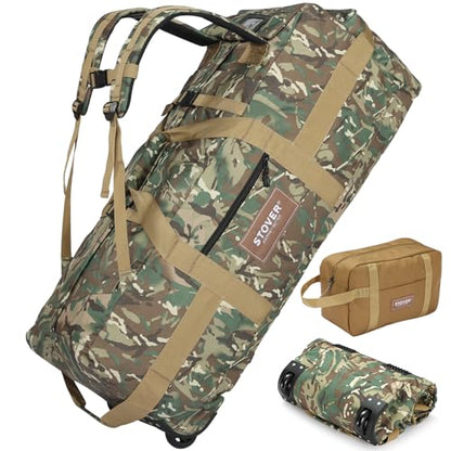 45/80/100L Rolling Duffel Bag with Wheels, X-Large Durable Travel Duffle + Toiletry Bag, Heavy Duty, Packable with Shoulder Straps- Use as Luggage or Backpack (Camouflage) - color: Camouflage