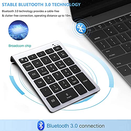 Lekvey Bluetooth Number Pad, 10 Keys Numeric Keypad Portable Wireless Bluetooth Keypad : 28-Key Numpad Extensions for Financial Accounting Data Entry for Laptop Surface Pro Tablets Windows, Silver - color: Silver