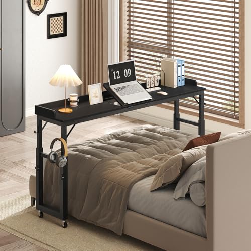MAHANCRIS Overbed Table with Wheels, Queen Size Adjustable Rolling Desk | Height & Angle Adjustable Rolling Overbed Table with Bookshelf, Cup Holder, 4 Hooks, Lockable Wheels, Fits Bed/Sofa/Recliner - color: Black