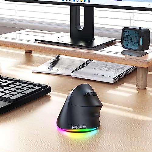 MEETION Ergonomic Wireless Vertical Mouse, Rechargeable, Black | Bluetooth 5.2 + 3.0 and USB connectivity, RGB backlight, 4 DPI adjustment, compatible with Windows, Mac, Android, PC and iPad - color: Right Black