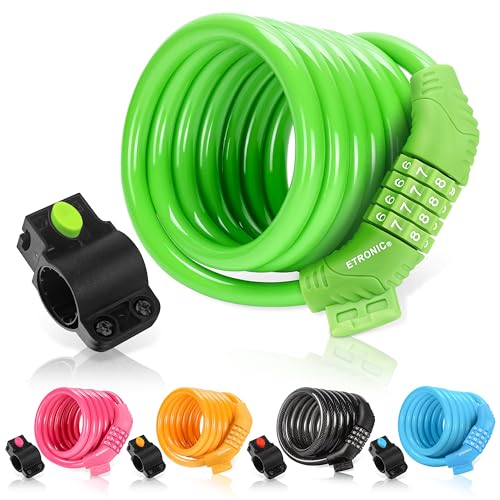 Etronic Bike Lock M6, Cable Lock 6 Feet Long Coiled Security Resettable Combo Combination Lock Bicycle Lock with Mounting Bracket - color: Green