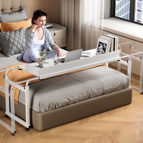 Adjustable Height Overbed Table, Rolling Overbed Bedside Desk with Raised Baffle and Spacious Desktop, Over BedTable with Wheels for Home Office Bedroom Hospital Use (White) - color: White