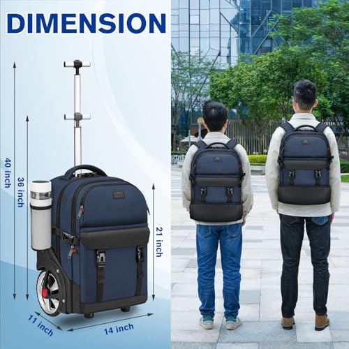MATEIN Rolling Backpack with Wheels, Roller Backpack for Men Women, Blue | Combination Lock, Water Resistant, Anti Theft, Large Wheel, 17 Inch Laptop Compartment, Bag for Work Business Commute College - color: Blue