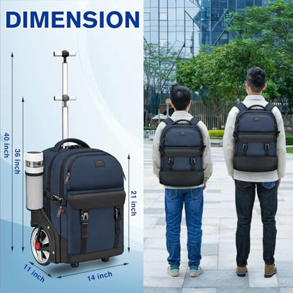 MATEIN Rolling Backpack with Wheels, Roller Backpack for Men Women, Blue | Combination Lock, Water Resistant, Anti Theft, Large Wheel, 17 Inch Laptop Compartment, Bag for Work Business Commute College - color: Blue