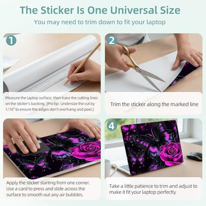 Universal Laptop Skin Decal, 3-Piece Vinyl Protector for 12 13 14 15.6" Notebook, Waterproof Anti-Scratch, Easy Trim & Bubble-Free Finish, Purple Rose and Butterfly - color: Purple Rose and Butterfly